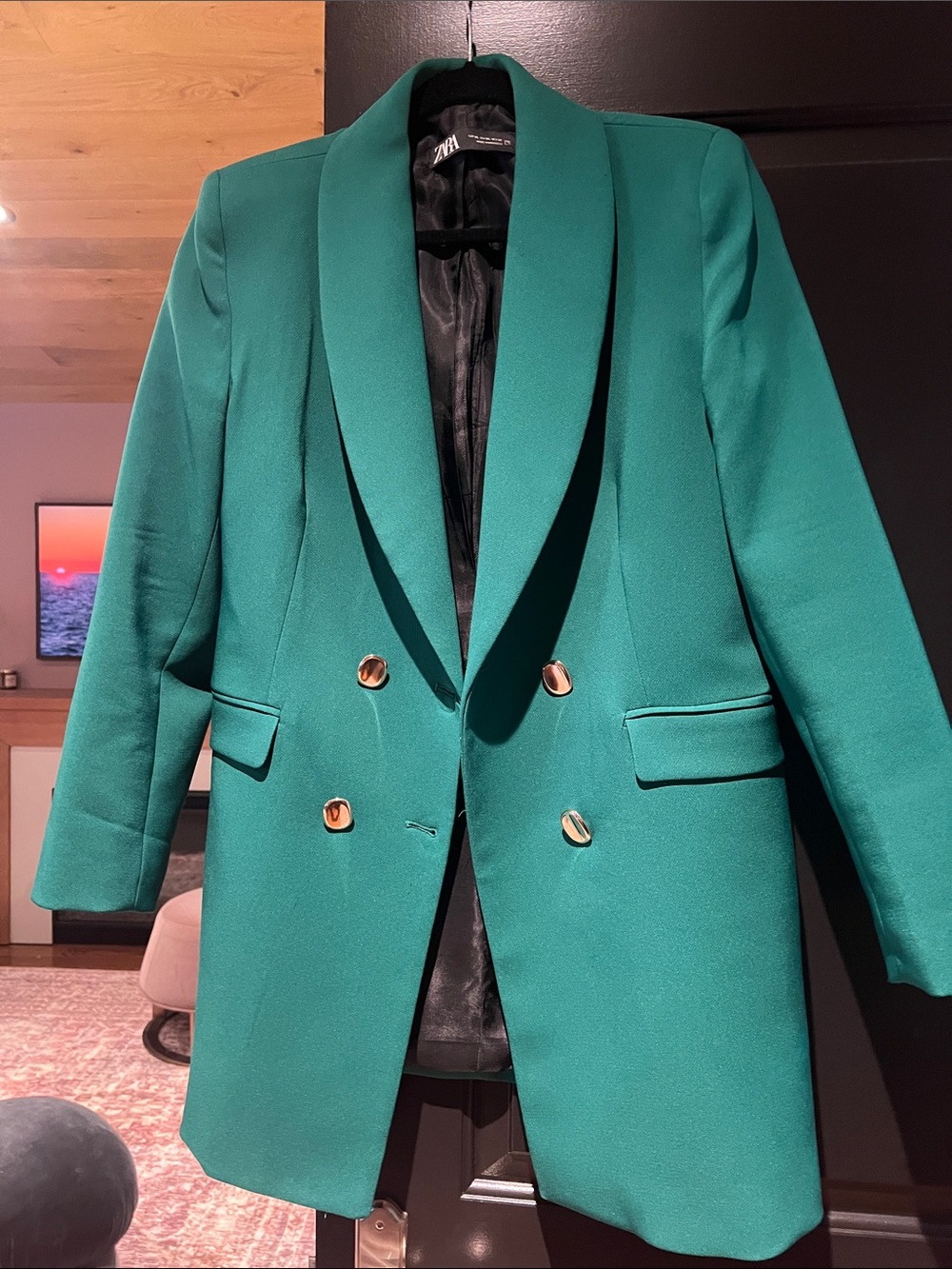 Zara Green Double-Breasted Blazer with Gold Buttons